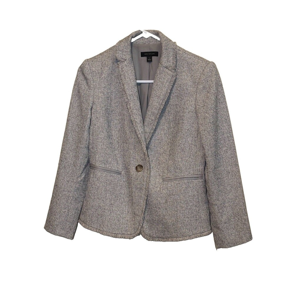 Ann Taylor Women's Tweed Fringe Open Blazer Short Gray 3/4 Sleeve Size 2